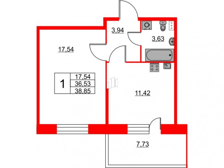 Однокомнатная квартира 38.85 м²