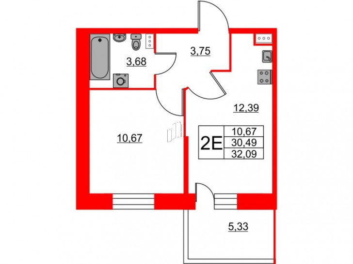 Однокомнатная квартира 32.09 м²