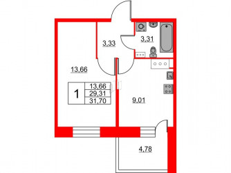 Однокомнатная квартира 31.7 м²