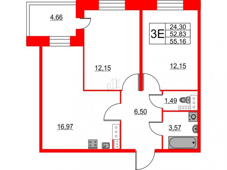 Двухкомнатная квартира 55.16 м²