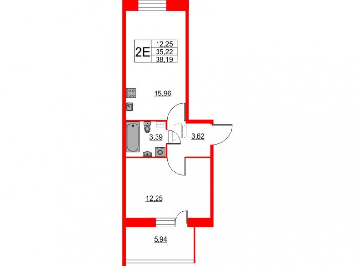 Однокомнатная квартира 38.19 м²