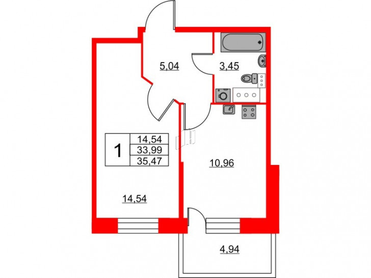 Однокомнатная квартира 35.47 м²
