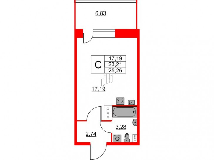 Студия 25.26 м²