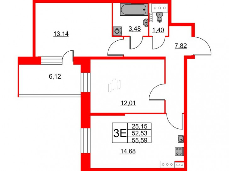 Двухкомнатная квартира 55.59 м²