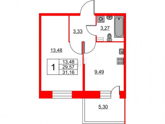 Однокомнатная квартира 31.16 м²