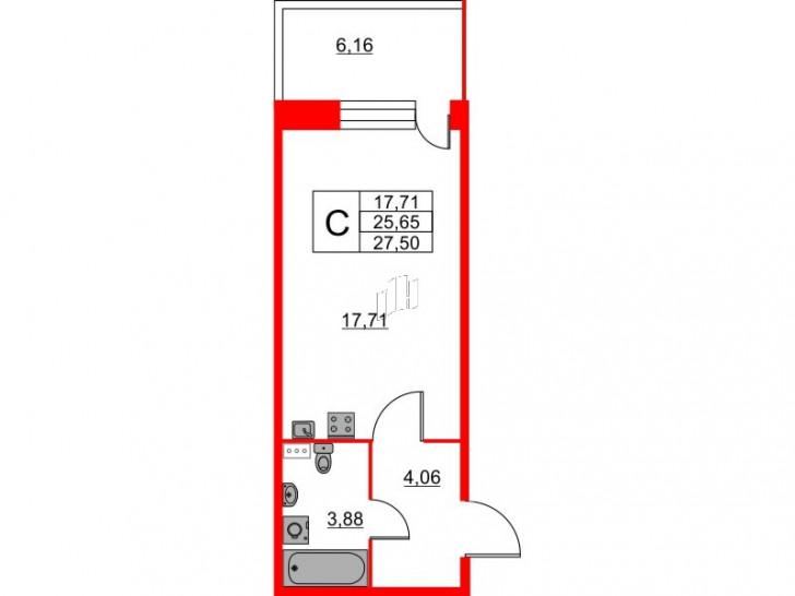 Студия 27.5 м²