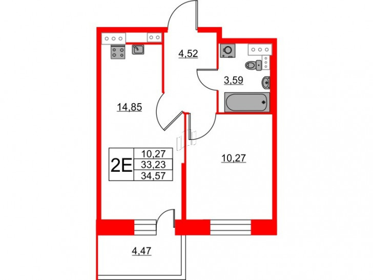 Однокомнатная квартира 34.57 м²