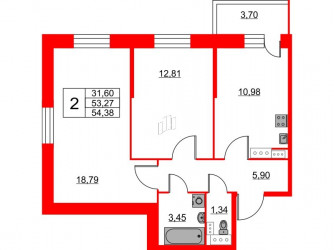 Двухкомнатная квартира 54.38 м²