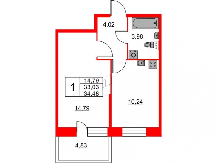Однокомнатная квартира 34.48 м²