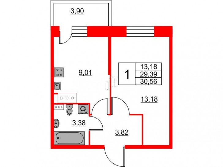 Однокомнатная квартира 30.56 м²