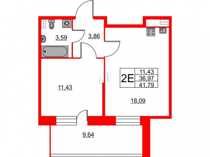 Однокомнатная квартира 41.79 м²