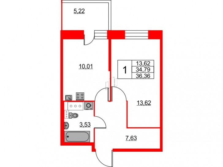 Однокомнатная квартира 36.36 м²