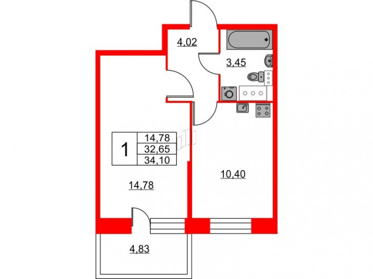 Однокомнатная квартира 34.1 м²