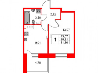 Однокомнатная квартира 31.3 м²