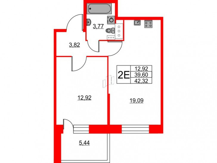 Однокомнатная квартира 42.32 м²
