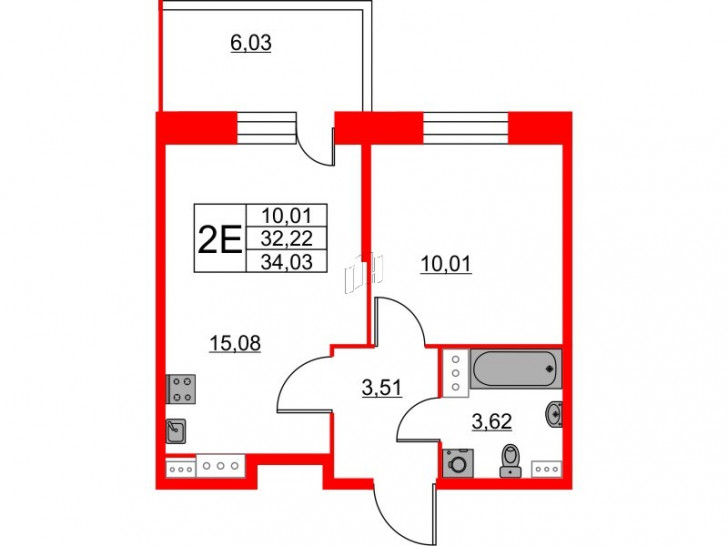Однокомнатная квартира 34.03 м²