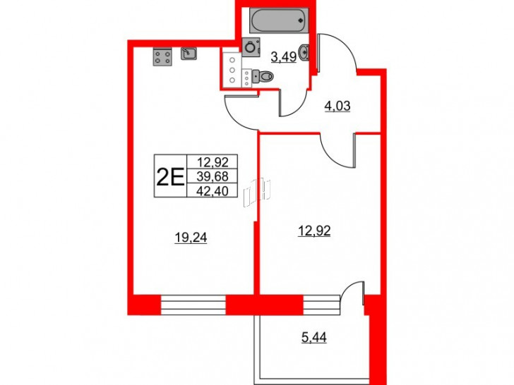 Однокомнатная квартира 42.4 м²