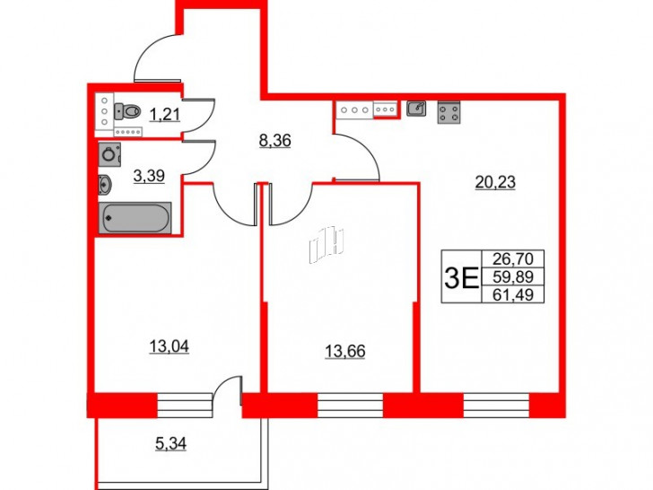 Двухкомнатная квартира 61.49 м²
