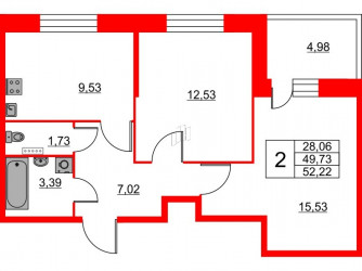 Двухкомнатная квартира 52.22 м²