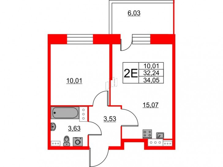 Однокомнатная квартира 34.05 м²