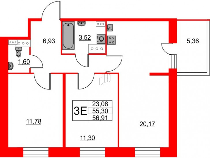 Двухкомнатная квартира 56.91 м²
