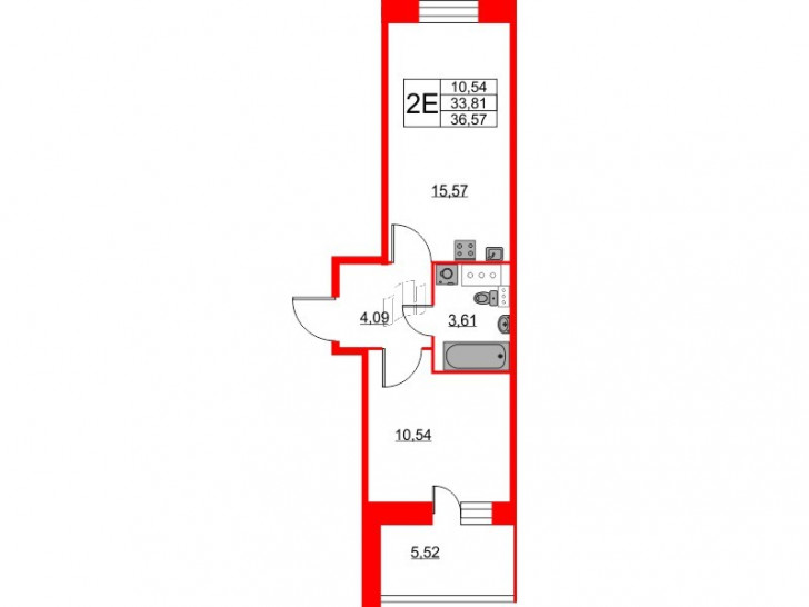 Однокомнатная квартира 36.57 м²