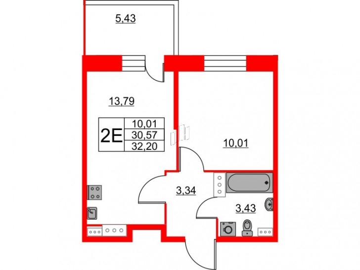 Однокомнатная квартира 32.2 м²