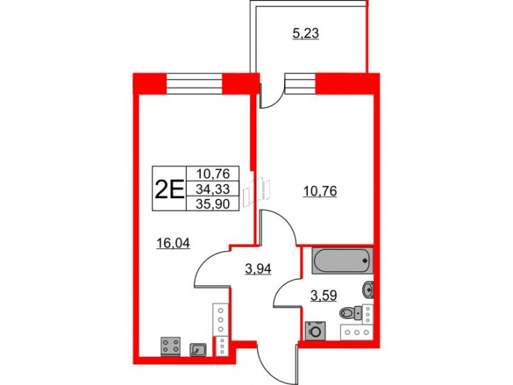 Однокомнатная квартира 35.9 м²