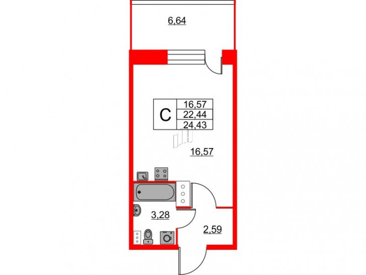Студия 24.43 м²