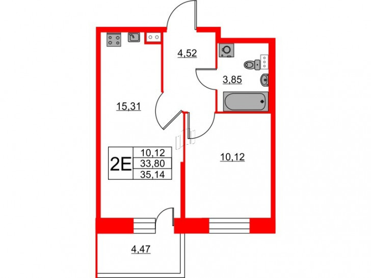 Однокомнатная квартира 35.14 м²