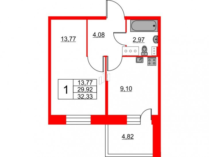 Однокомнатная квартира 32.33 м²