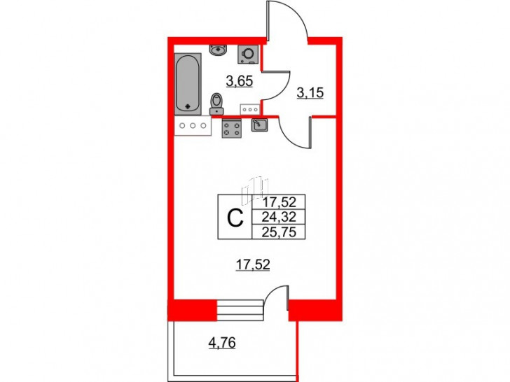Студия 25.75 м²