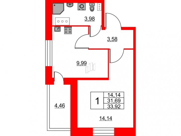 Однокомнатная квартира 33.92 м²
