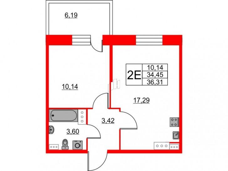 Однокомнатная квартира 36.31 м²