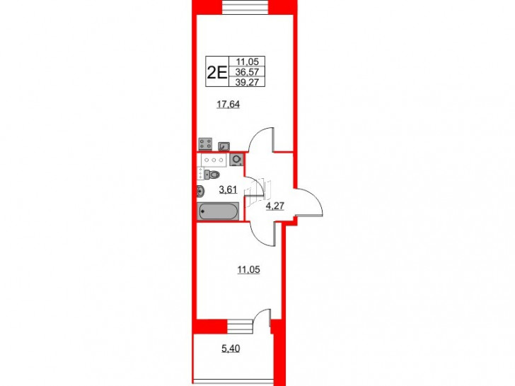 Однокомнатная квартира 39.27 м²