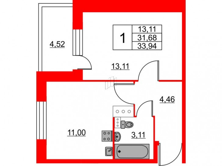 Однокомнатная квартира 33.94 м²