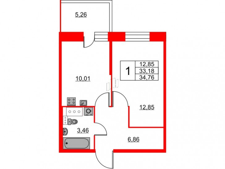 Однокомнатная квартира 34.76 м²