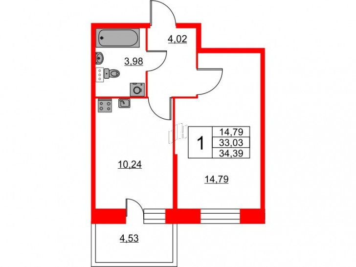 Однокомнатная квартира 34.39 м²