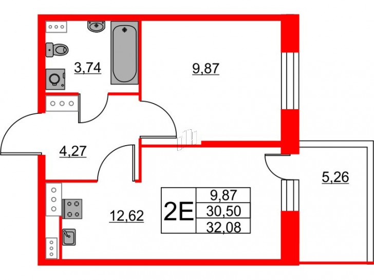 Однокомнатная квартира 32.08 м²