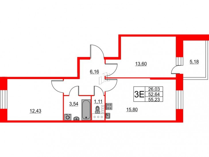 Двухкомнатная квартира 55.23 м²