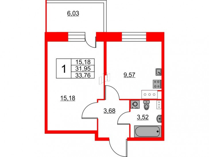Однокомнатная квартира 33.76 м²