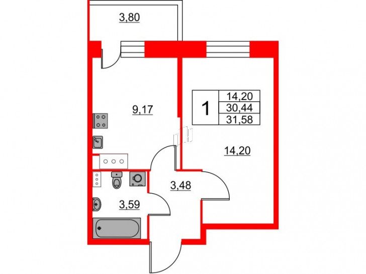 Однокомнатная квартира 31.58 м²