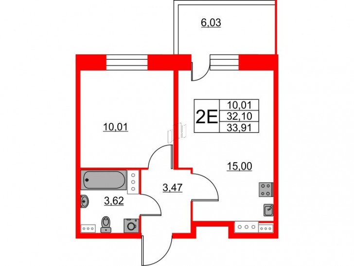 Однокомнатная квартира 33.91 м²