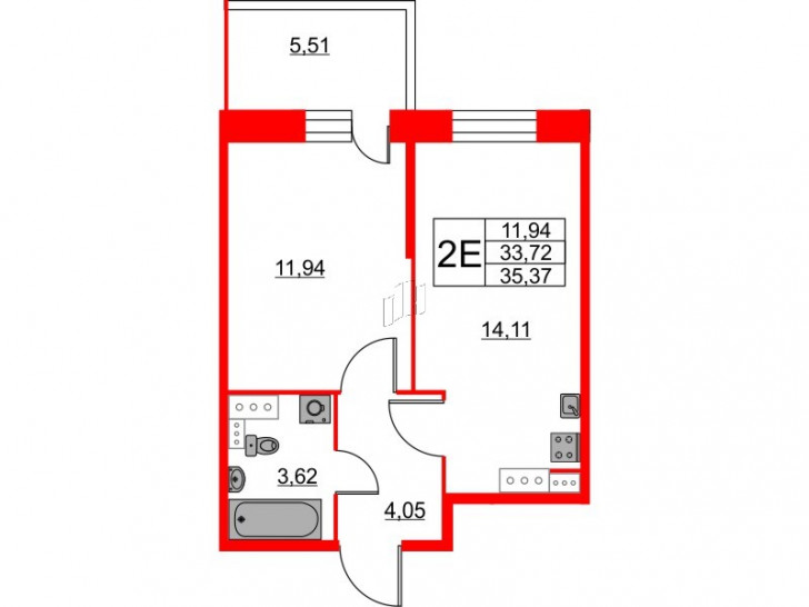 Однокомнатная квартира 35.37 м²