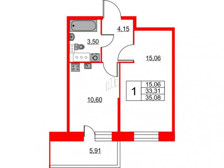 Однокомнатная квартира 35.08 м²