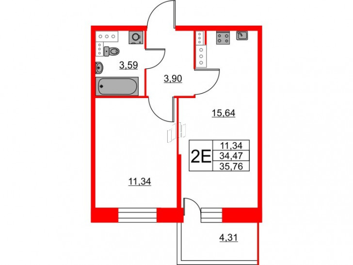 Однокомнатная квартира 35.76 м²