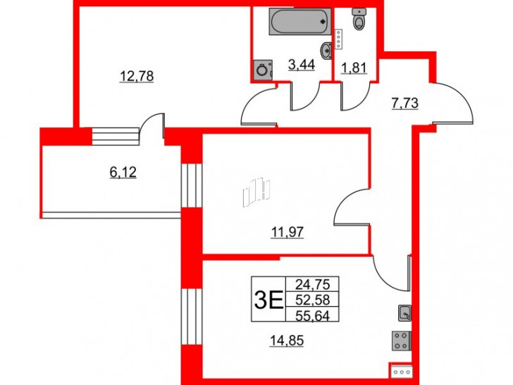 Двухкомнатная квартира 55.64 м²