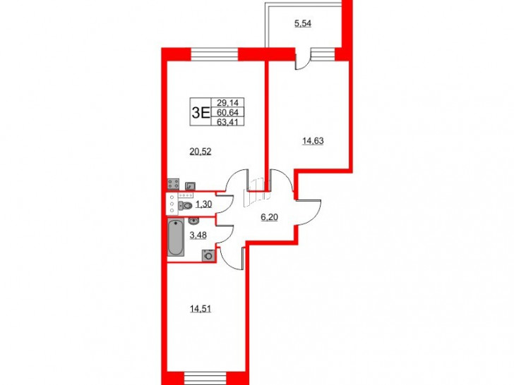 Двухкомнатная квартира 63.41 м²