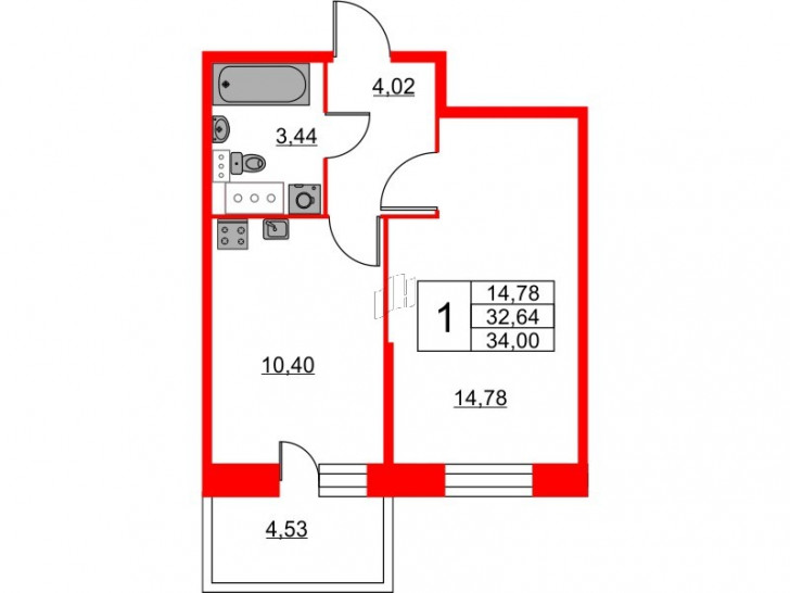 Однокомнатная квартира 34 м²