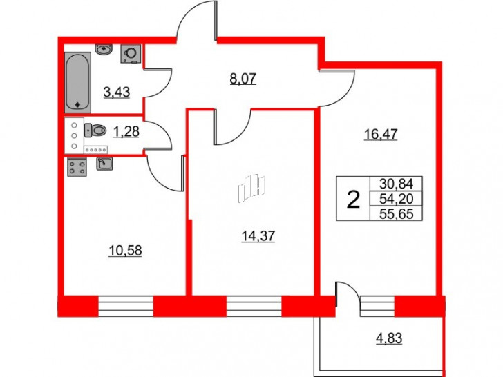 Двухкомнатная квартира 55.65 м²